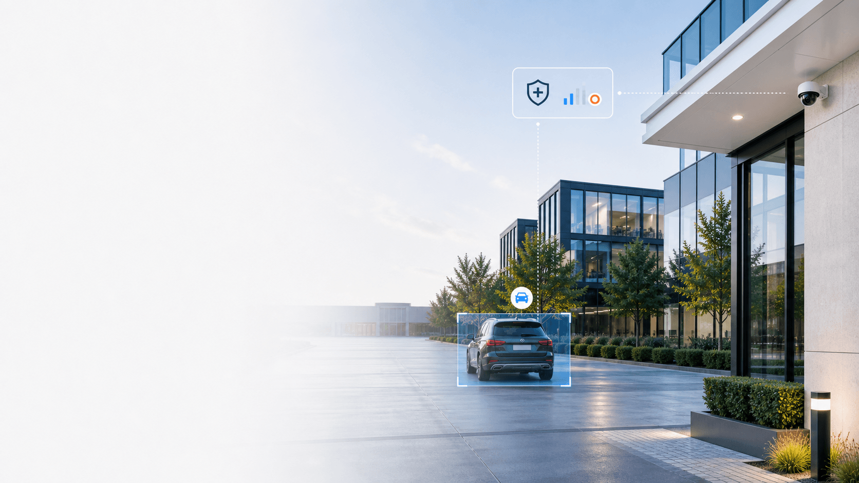 Modern monitored property exterior with a visible security camera, a detected vehicle, and subtle dotted monitoring lines connected to a simplified status overlay.